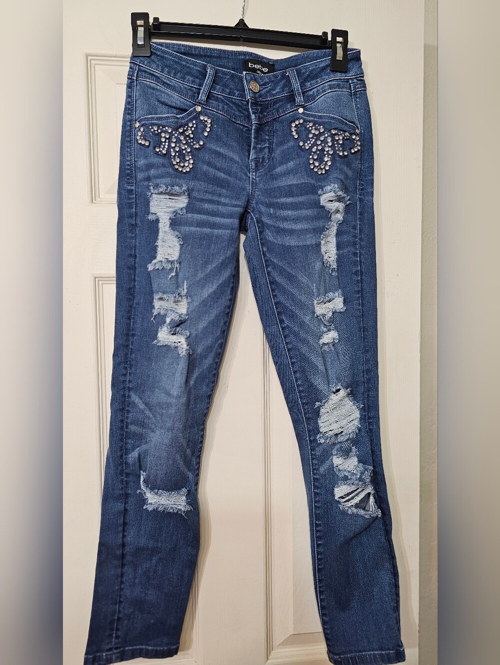 Rhinestone Embellished Distressed Women’s Jeans - Dark Blue
